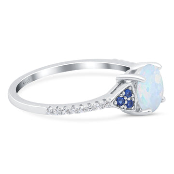 Art Deco Wedding Ring Simulated Blue Sapphire CZ Round Lab Created White Opal 925 Sterling Silver